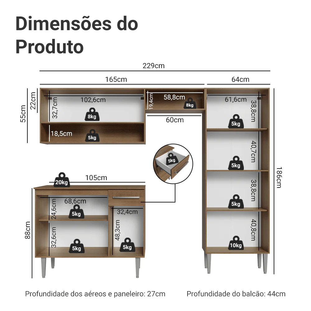 Armário de Cozinha Compacta 229cm Rustic Emilly Pop Madesa 02 - Image 3