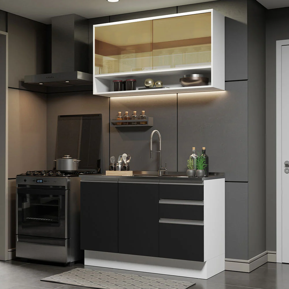 Armário de Cozinha Compacta 120cm Branco/Preto Glamy Madesa 02
