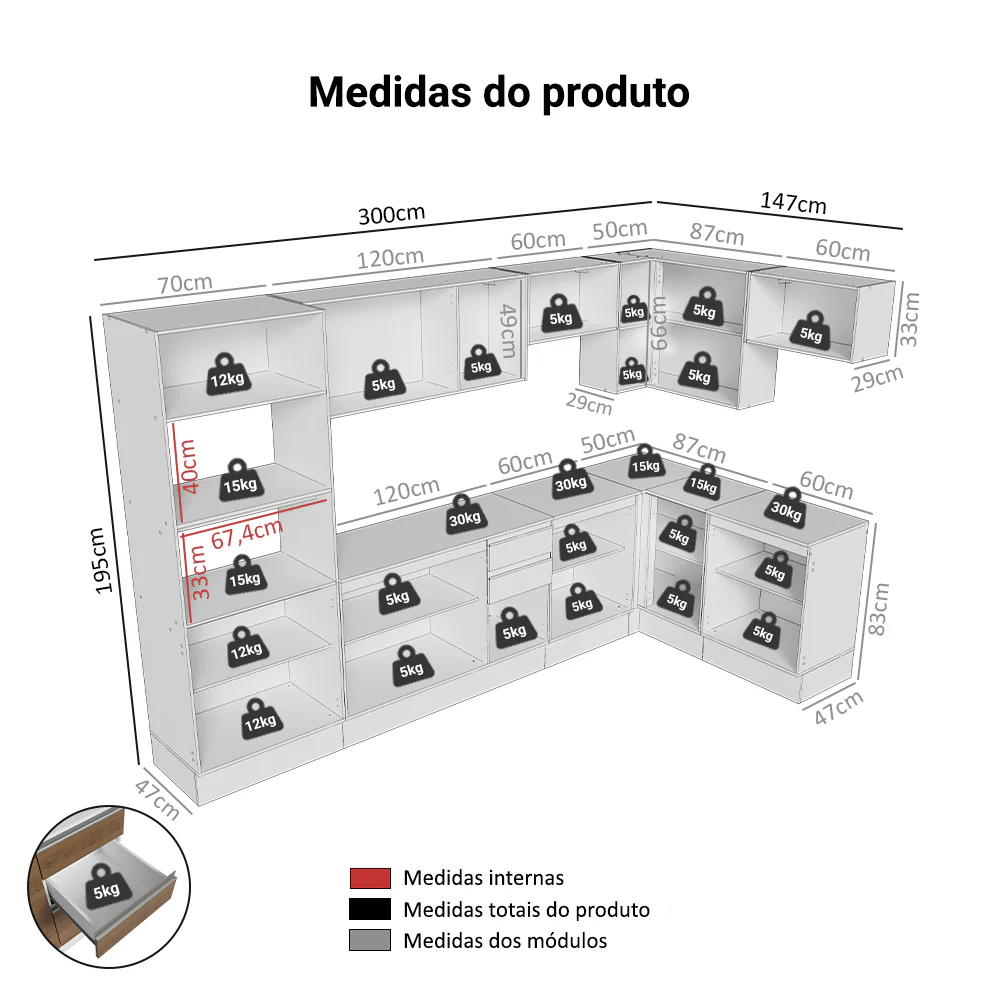 Armário de Cozinha Completa de Canto 100% MDF 448cm Branco/Rustic/Crema Smart Madesa 01 - Image 3