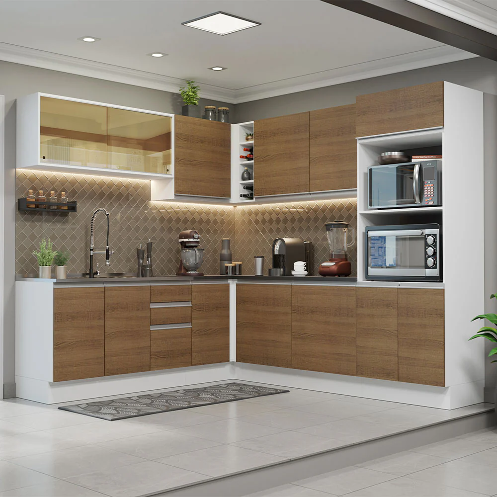 Armário de Cozinha Completa de Canto 100% MDF 459cm Branco/Rustic Acordes Madesa 01
