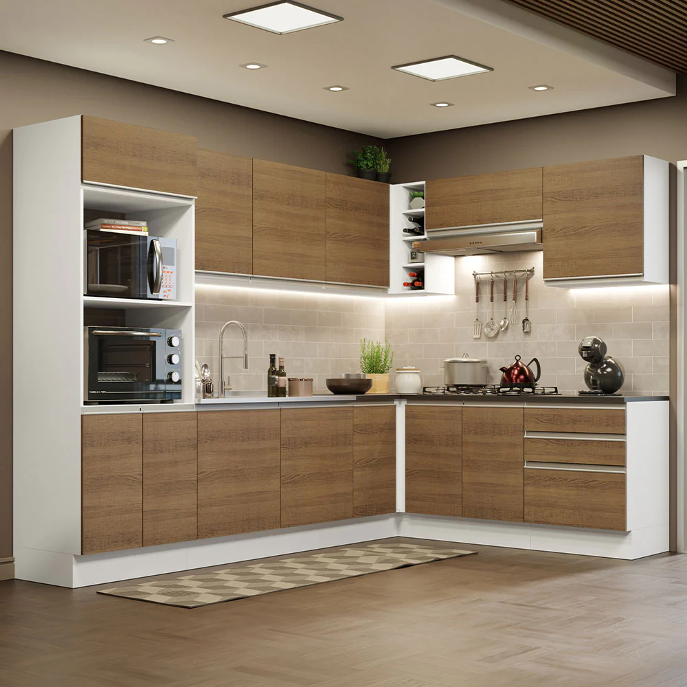 Armário de Cozinha Completa de Canto 100% MDF 479cm Branco/Rustic Acordes Madesa 03