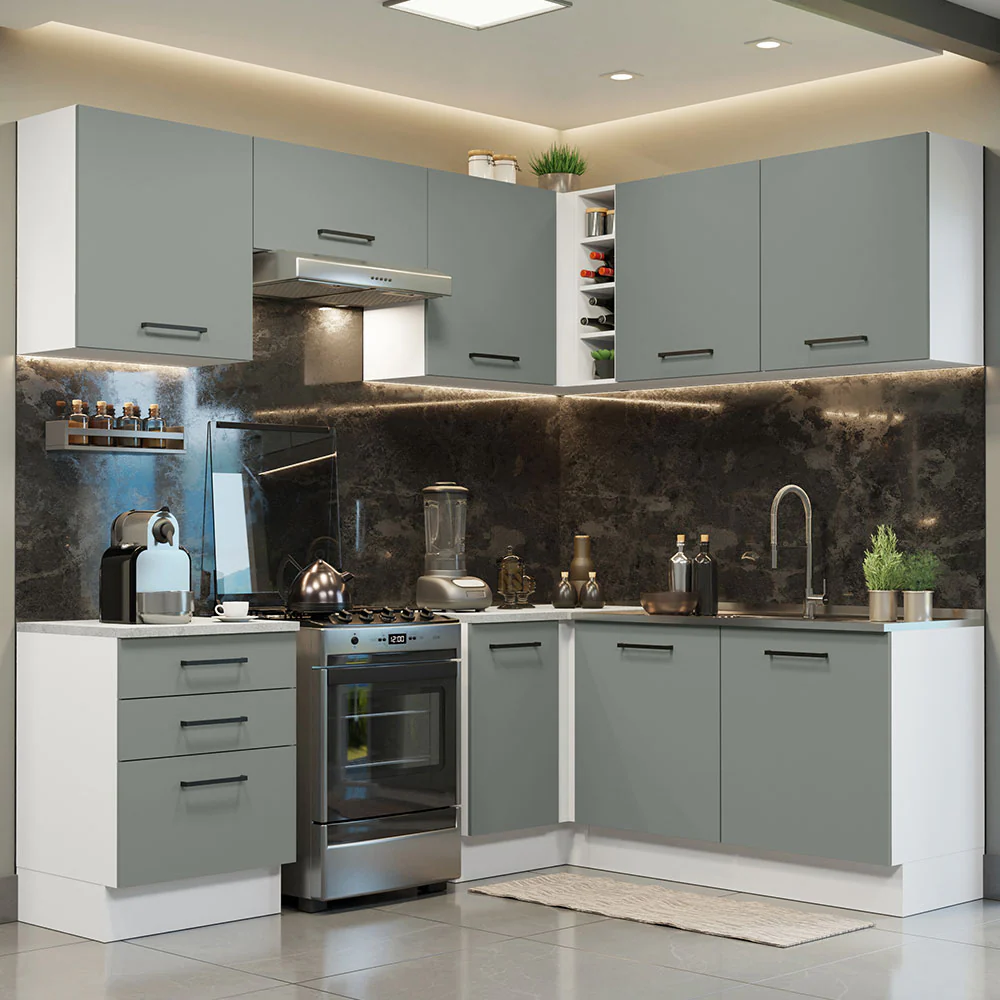 Armário de Cozinha Completa de Canto 399cm Branco Cinza Agata Madesa 02