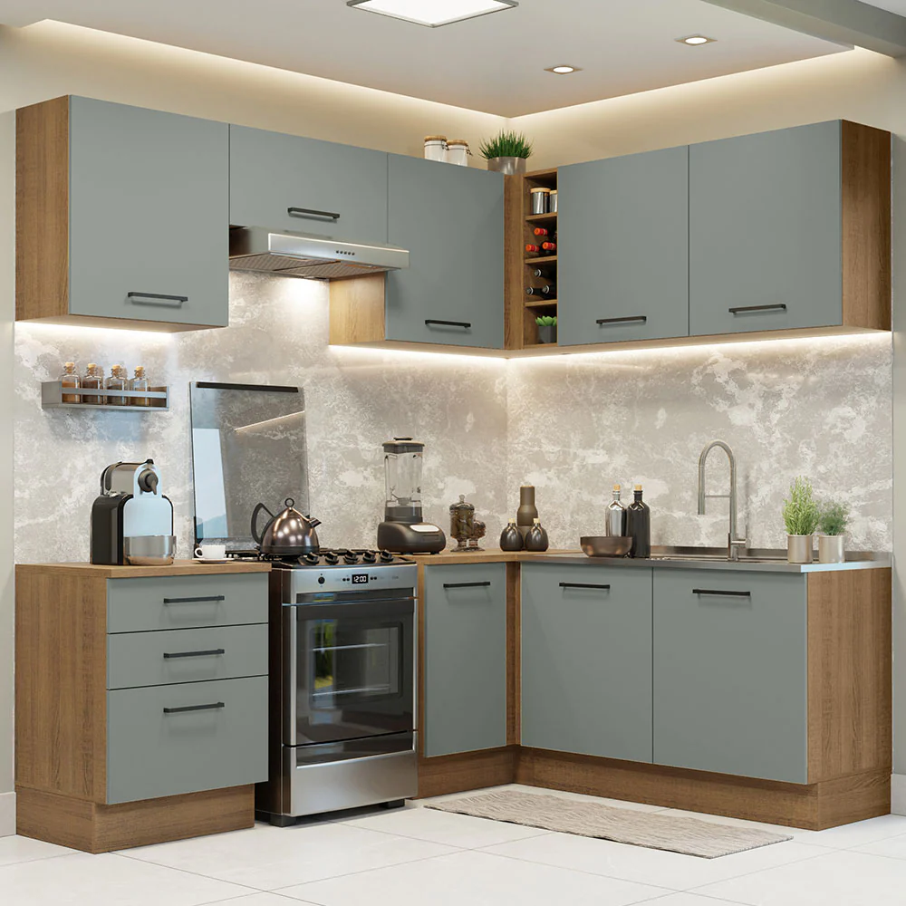 Armário de Cozinha Completa de Canto 399cm Rustic Cinza Agata Madesa 02