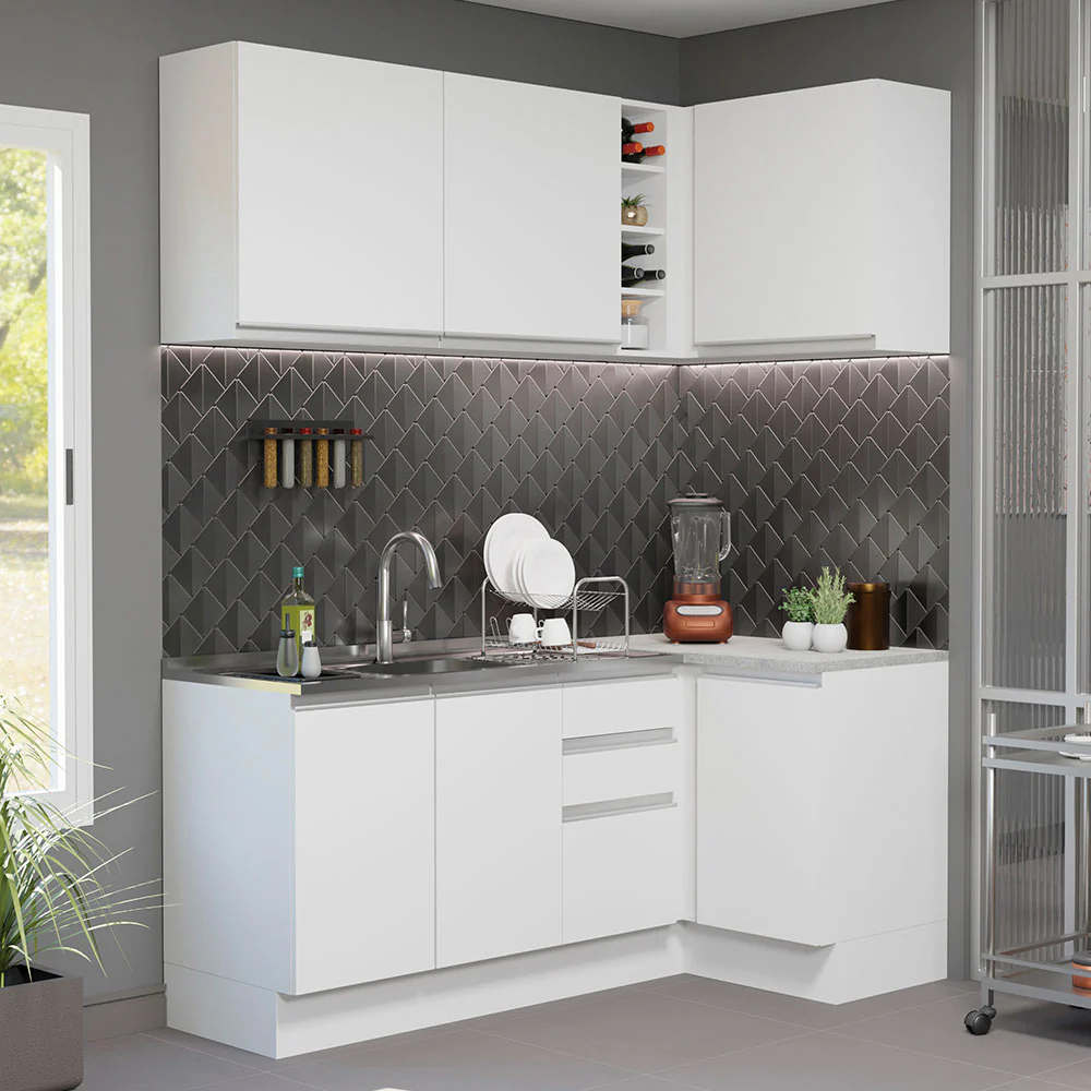 Armário de Cozinha Compacta de Canto 269cm Branco Glamy Madesa 01