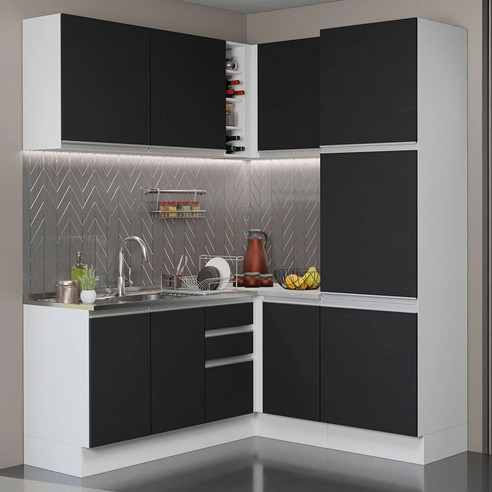 Armário de Cozinha Completa de Canto 329cm Branco Preto Glamy Madesa 01