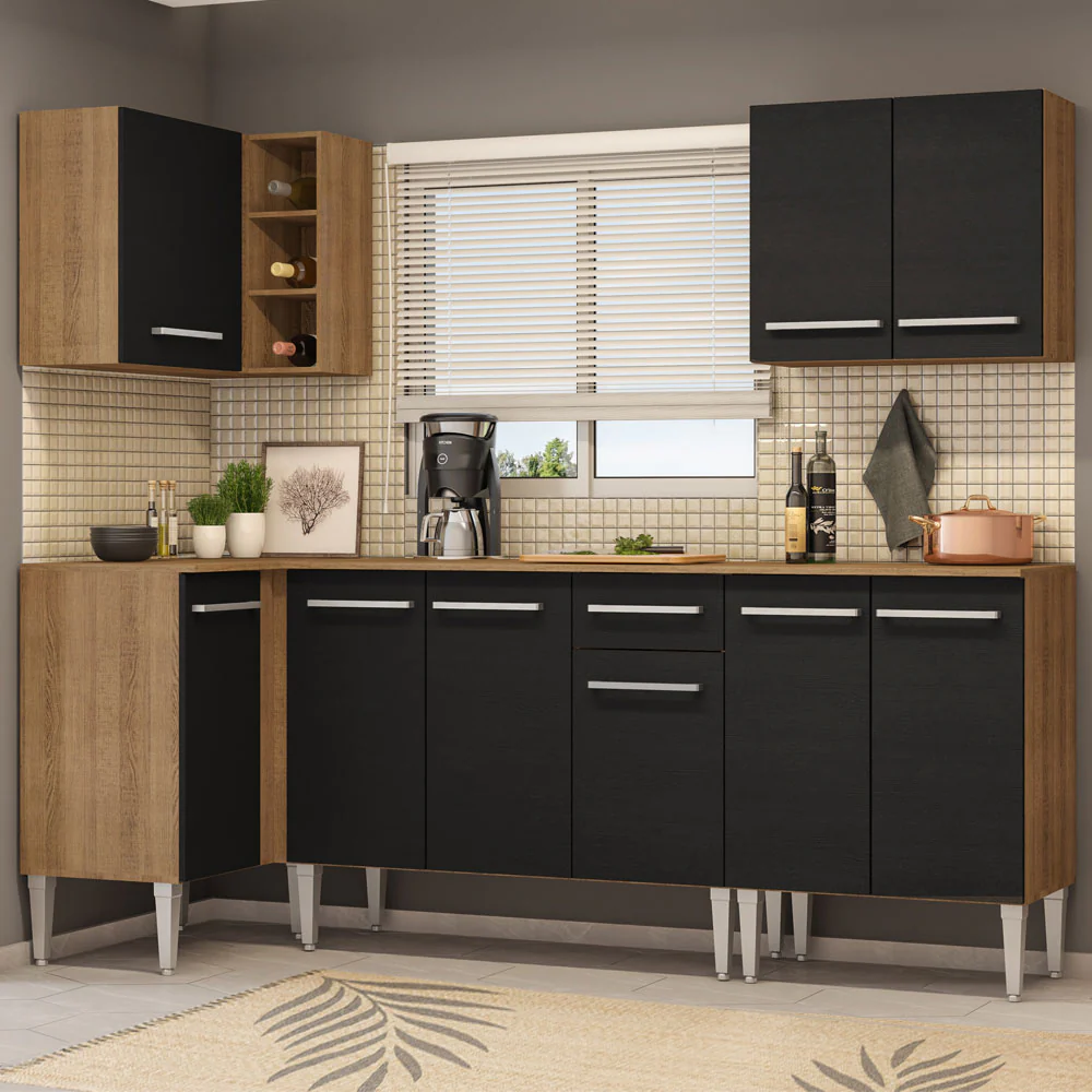 Armário de Cozinha Completa de Canto 293cm Rustic/Preto Emilly Open Madesa 01