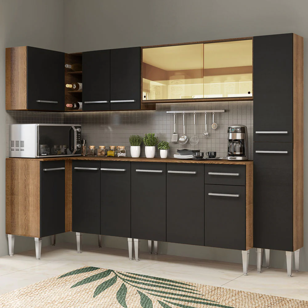 Armário de Cozinha Completa de Canto 325cm Rustic/Preto Emilly Wave Madesa 04