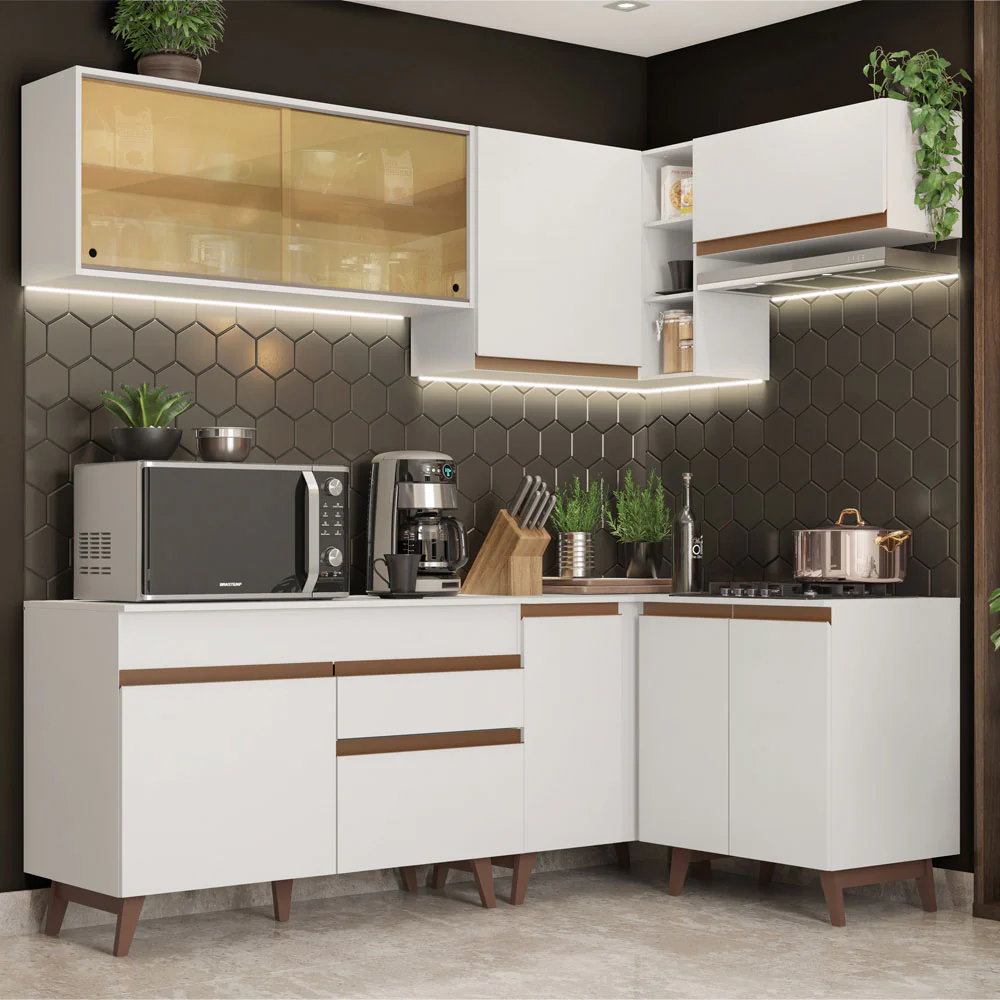 Armário de Cozinha Completa de Canto 332cm Branco Reims Madesa 02