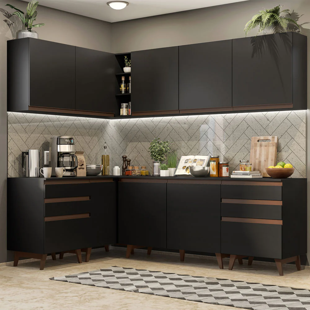 Armário de Cozinha Completa de Canto 382cm Preto Reims Madesa 02
