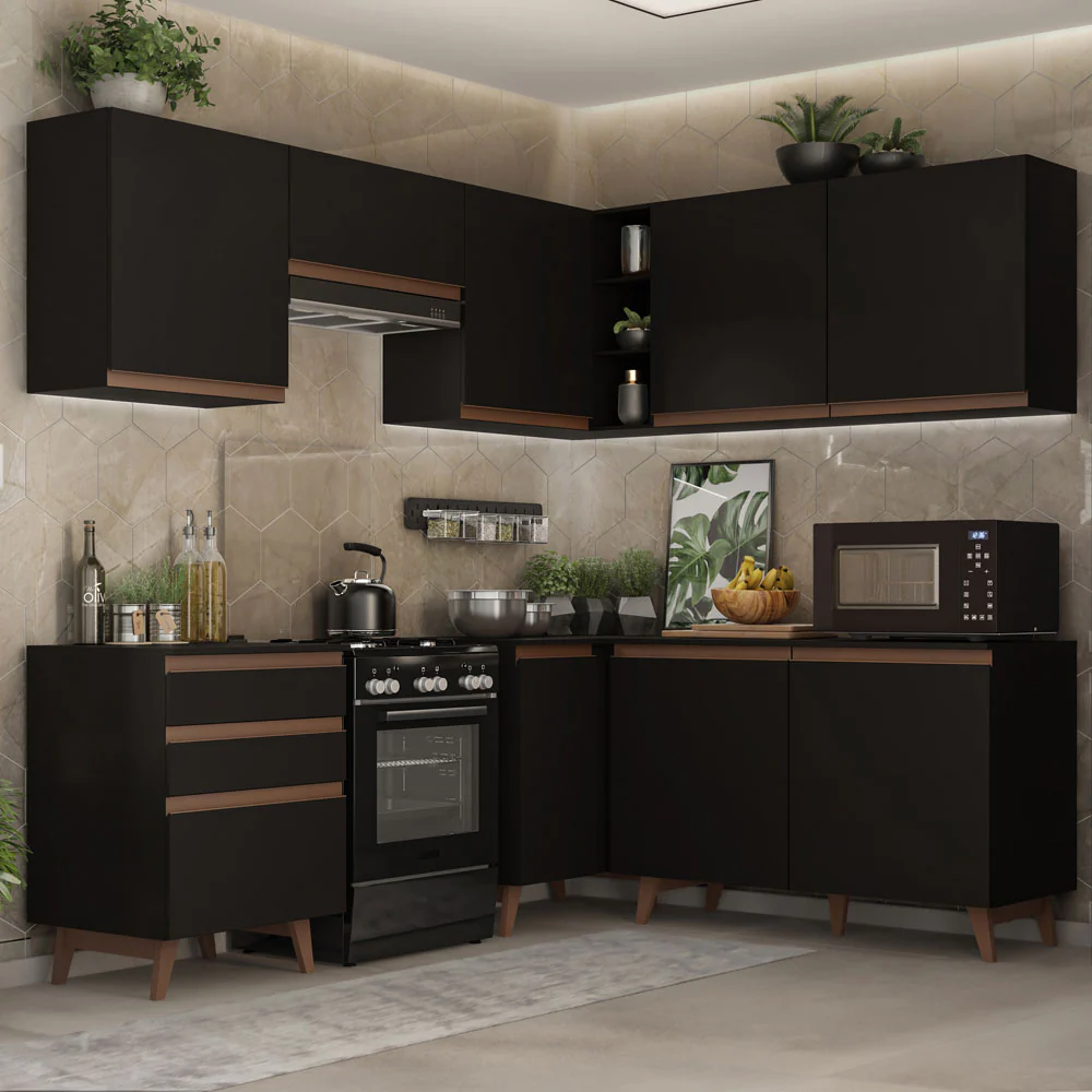 Armário de Cozinha Completa de Canto 392cm Preto Reims Madesa 01