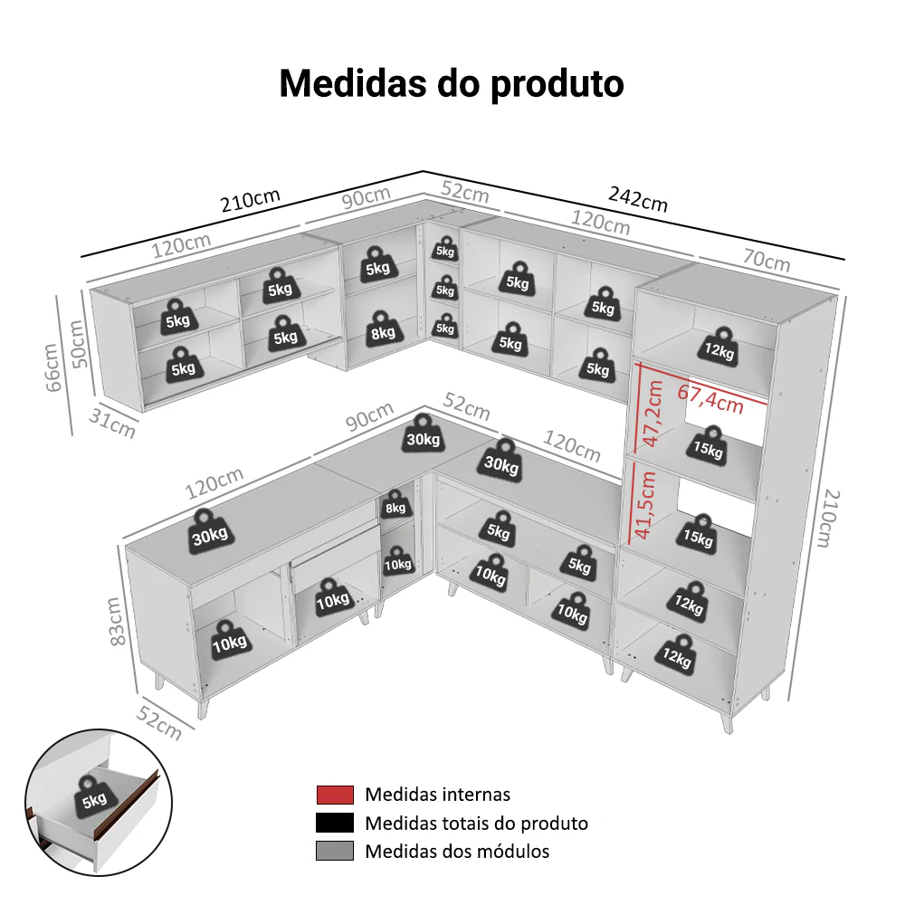 Armário de Cozinha Completa de Canto 452cm Branco Reims Madesa 01 - Image 3