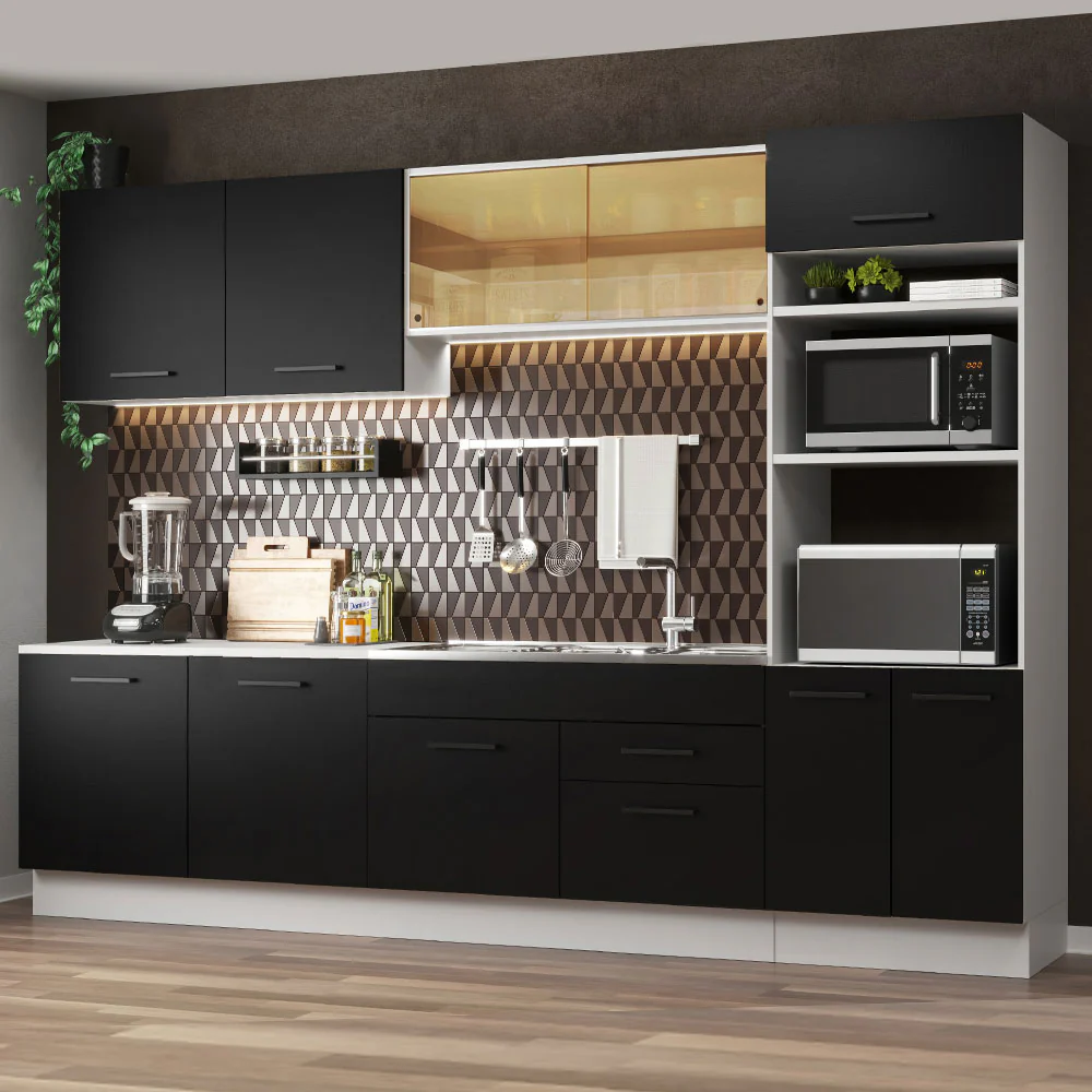 Armário de Cozinha Completa 310cm Branco/Preto Agata Madesa 01