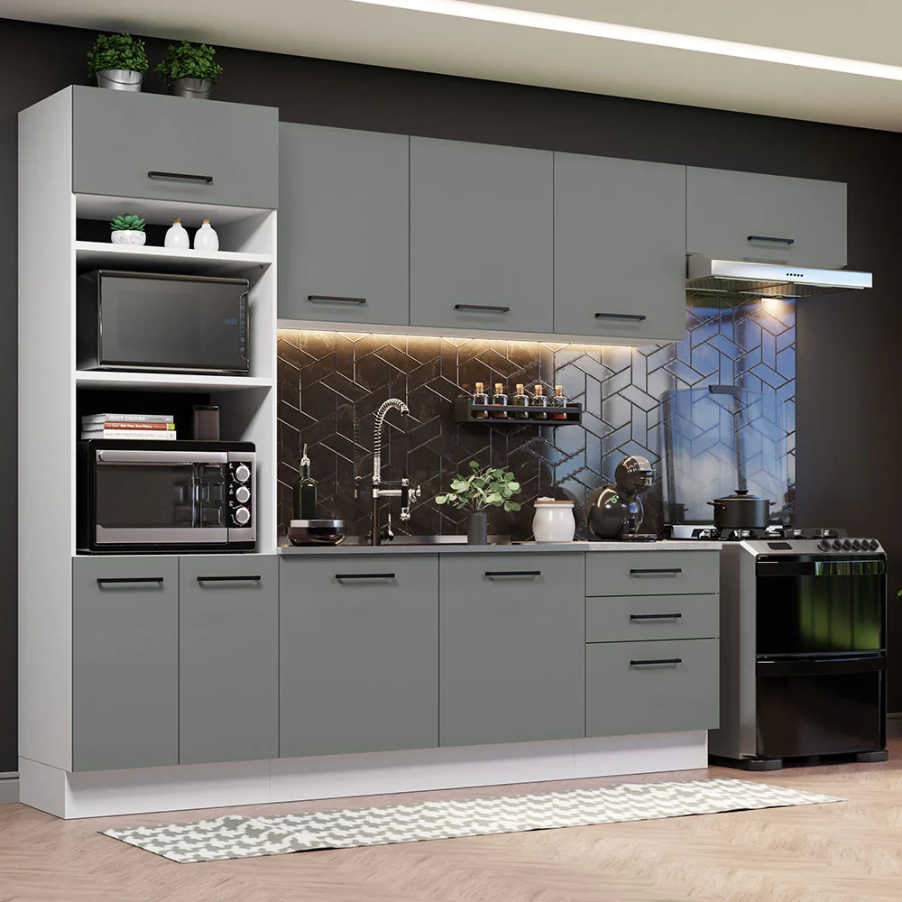 Armário de Cozinha Completa 330cm Branco Cinza Agata Madesa 01