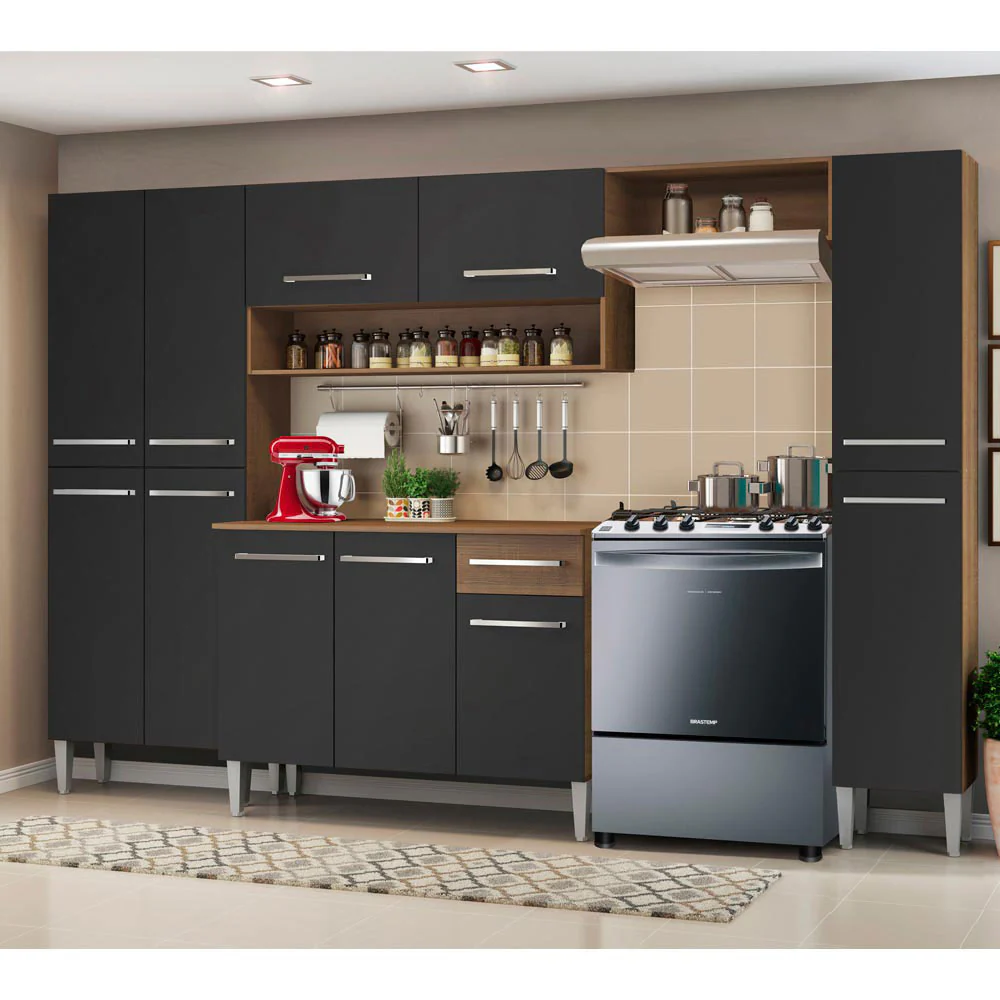 Armário de Cozinha Completa 261cm Rustic/Preto/Preto Emilly Hit Madesa 01