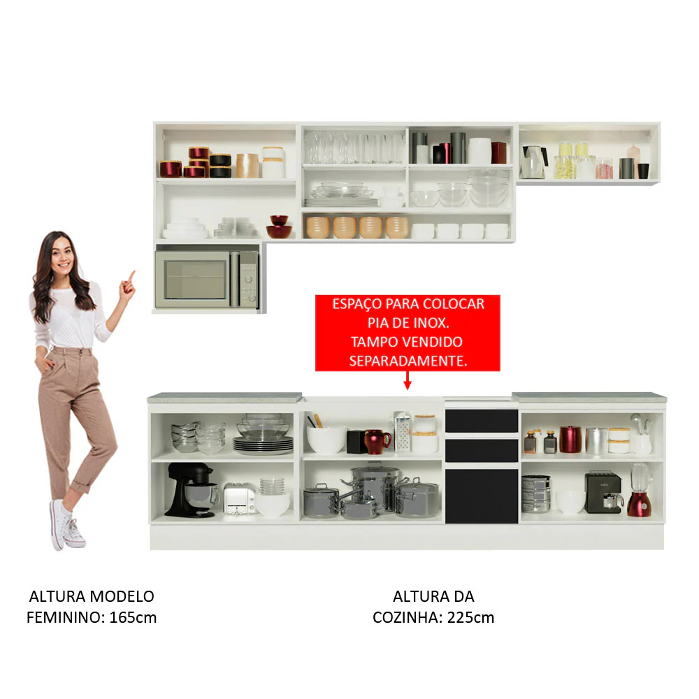 Armário de Cozinha Completa 280cm Branco/Preto Genova Madesa 04 - Image 5