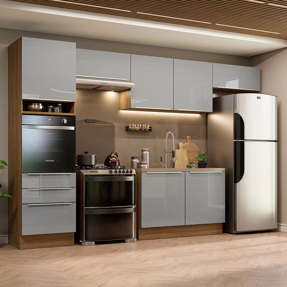 Armário de Cozinha Completa 340 x 60 cm Rustic/Cinza Lux Madesa 01