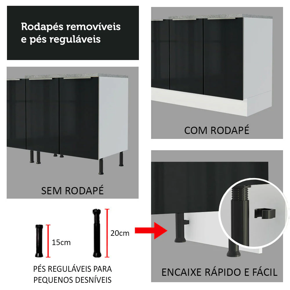 Armário de Cozinha Completa 260 x 60 cm Branco/Preto Lux Madesa 03 - Image 9