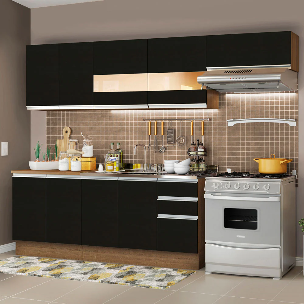 Armário de Cozinha Completa 280cm Rustic/Preto Marcela Madesa 03