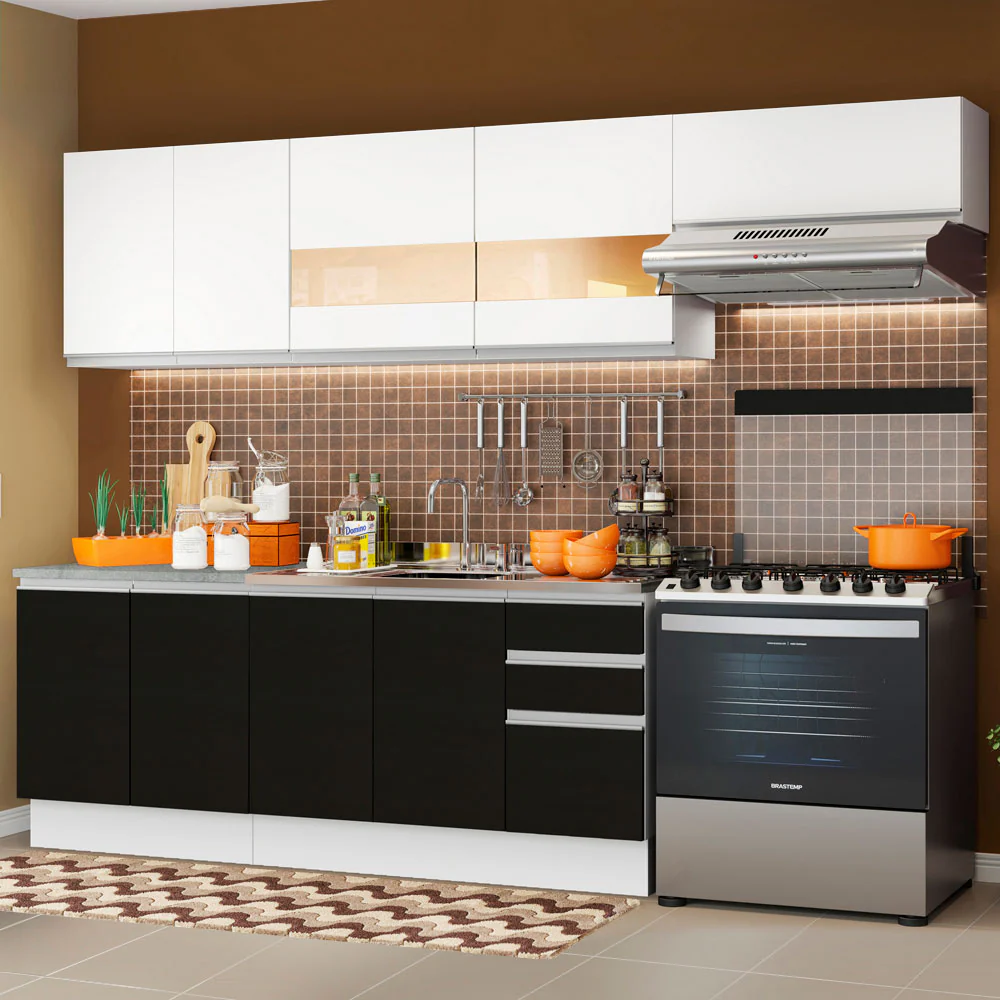 Armário de Cozinha Completa 280cm Branco/Preto/Branco Marcela Madesa 03