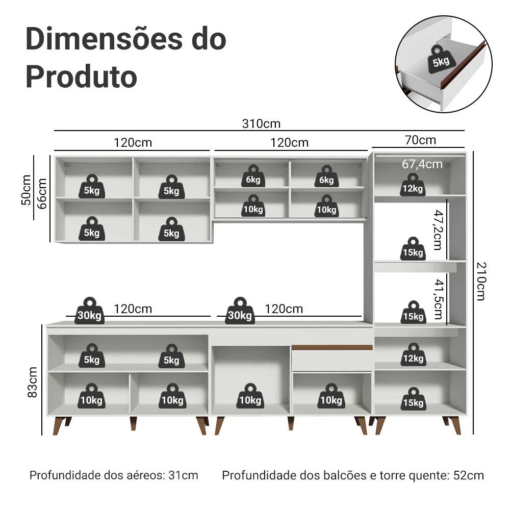 Armário de Cozinha Completa 310cm Branco Reims Madesa 01 - Image 3
