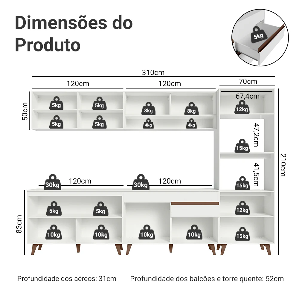 Armário de Cozinha Completa 310cm Branco Reims Madesa 02 - Image 3