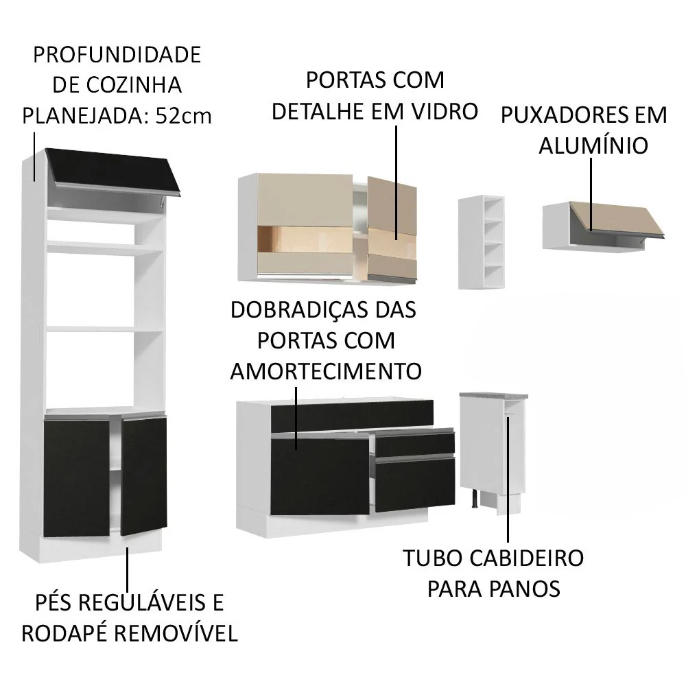 Armário de Cozinha Completa 290cm Branco/Preto/Crema Safira Madesa 13 - Image 3