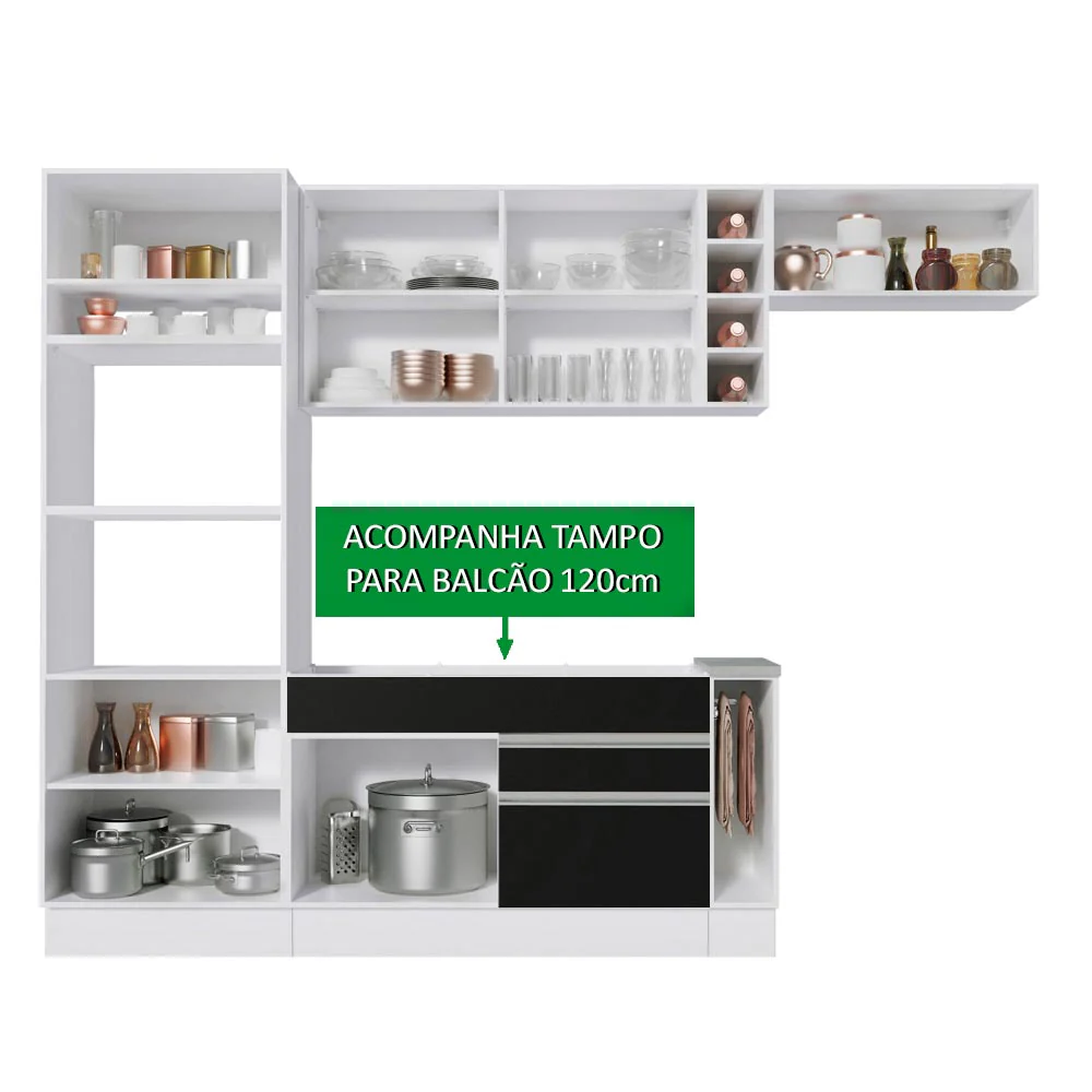 Armário de Cozinha Completa 290cm Branco/Preto/Crema Safira Madesa 13 - Image 4