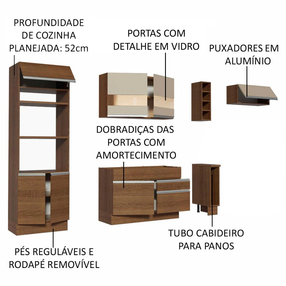 Armário de Cozinha Completa 290cm Rustic/Rustic/Crema Safira Madesa 13 - Image 3