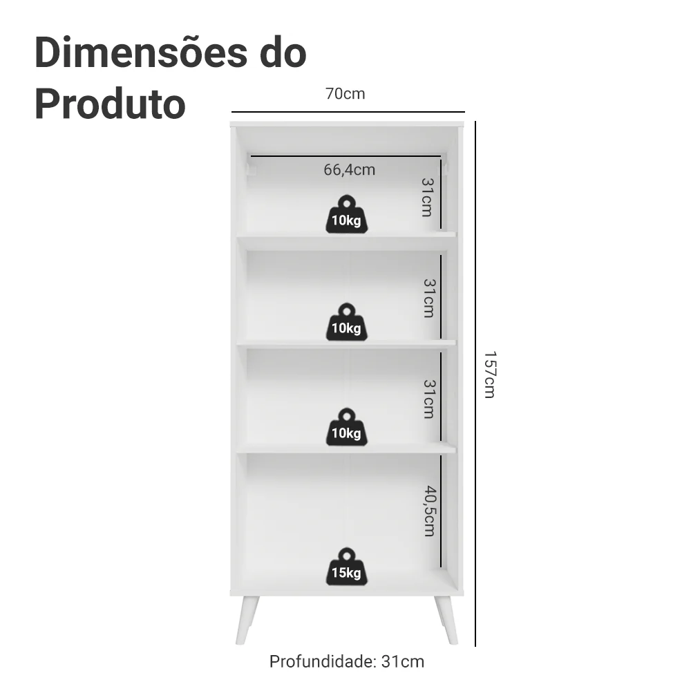 Cristaleira 70 cm 2 Portas de Vidro com Pés Cônicos Branco/Crema/Branco Vik Madesa - Image 3