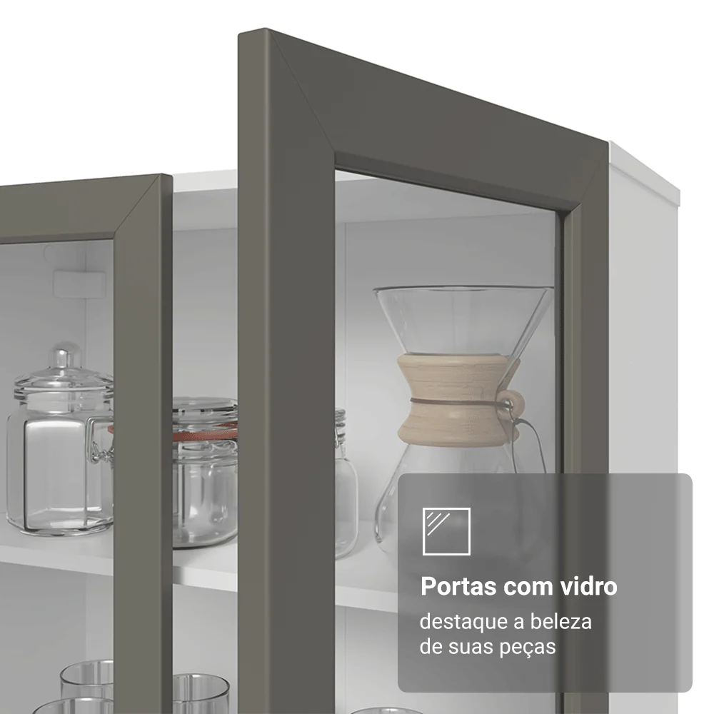 Cristaleira 70 cm 2 Portas de Vidro com Pés Cônicos Branco/Cinza/Branco Vik Madesa - Image 7