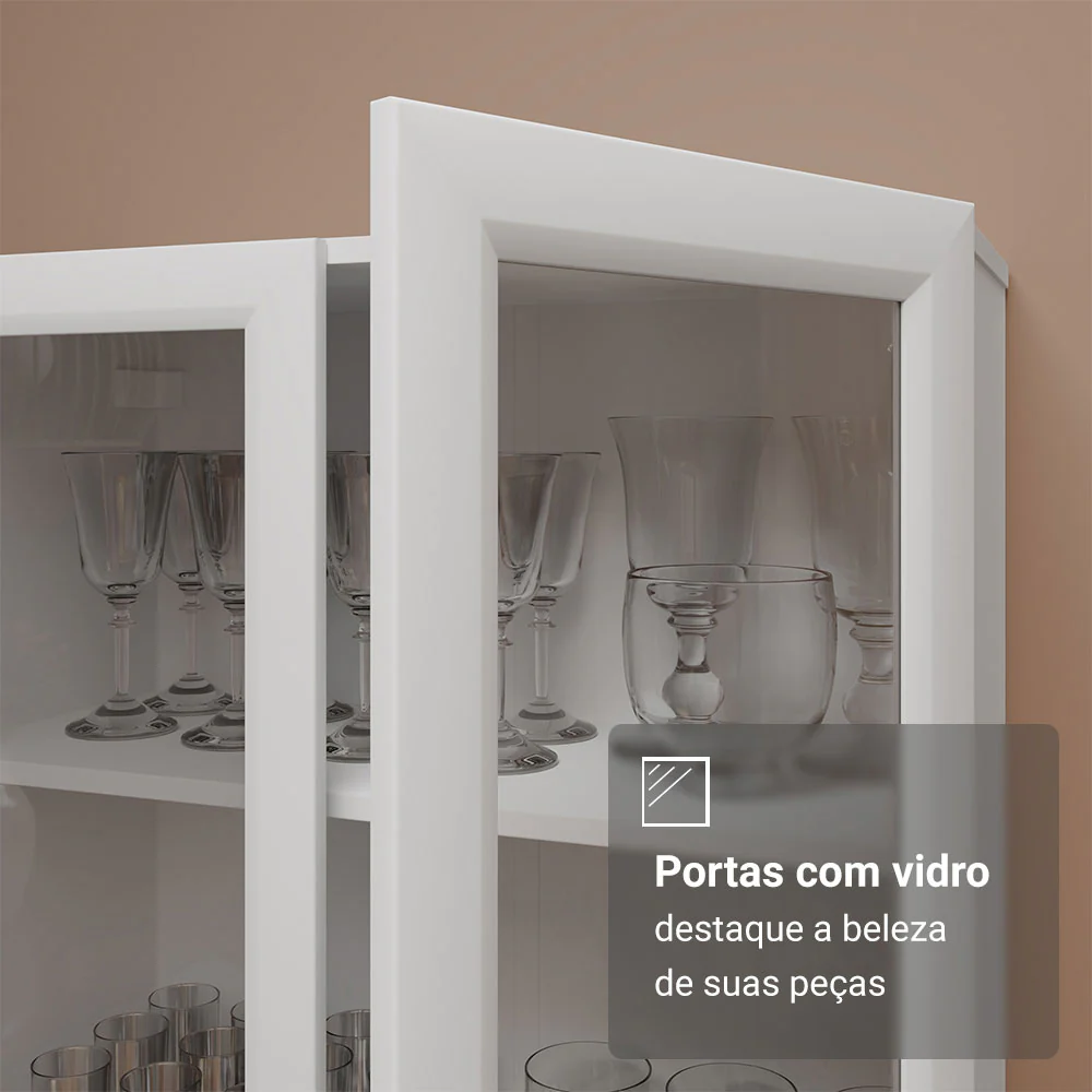 Cristaleira 70 cm 2 Portas de Vidro com Pés Cônicos Branco Madesa - Image 7