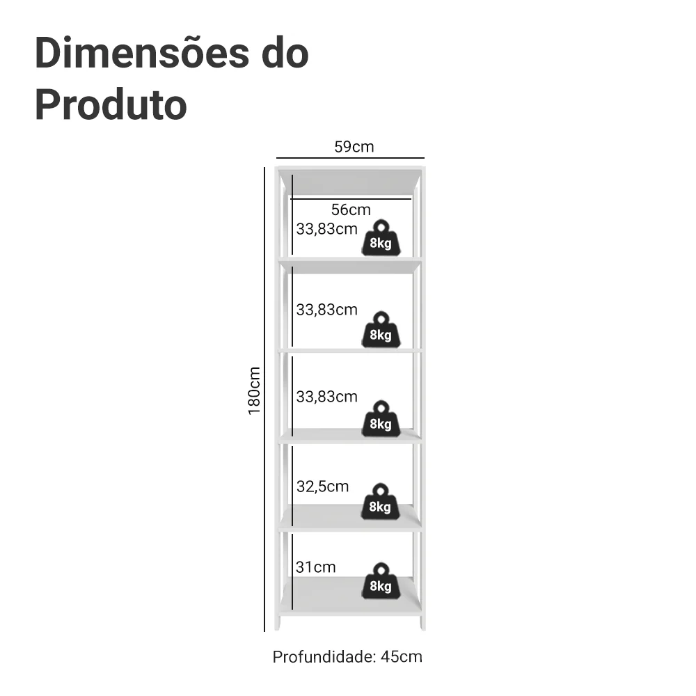 Estante Armário Multiuso para Escritório 59cm 5 Prateleiras Branco Madesa - Image 3