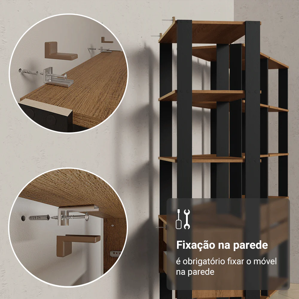 Estante Armário Multiuso para Livros 4 Gavetas 8 prateleiras 140cm Rustic/Preto Madesa - Image 9