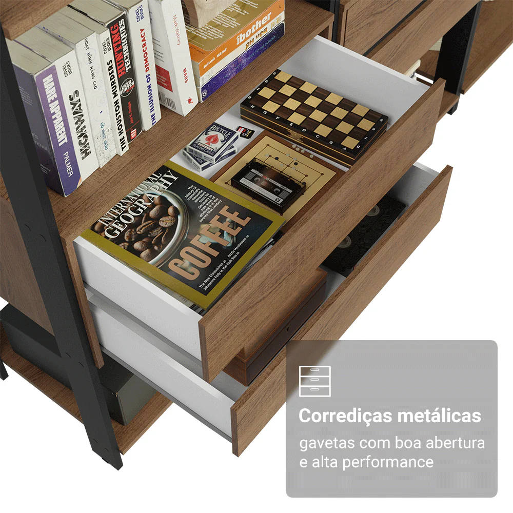 Estante Armário Multiuso para Livros 6 Gavetas 12 prateleiras 210cm Rustic/Preto Madesa - Image 8