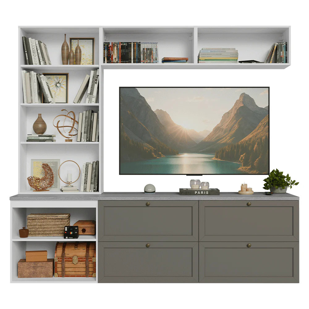 Estante Sala de Estar com Rack + Cristaleira 230cm Branco/Cinza/Branco Vik Madesa 01 - Image 6