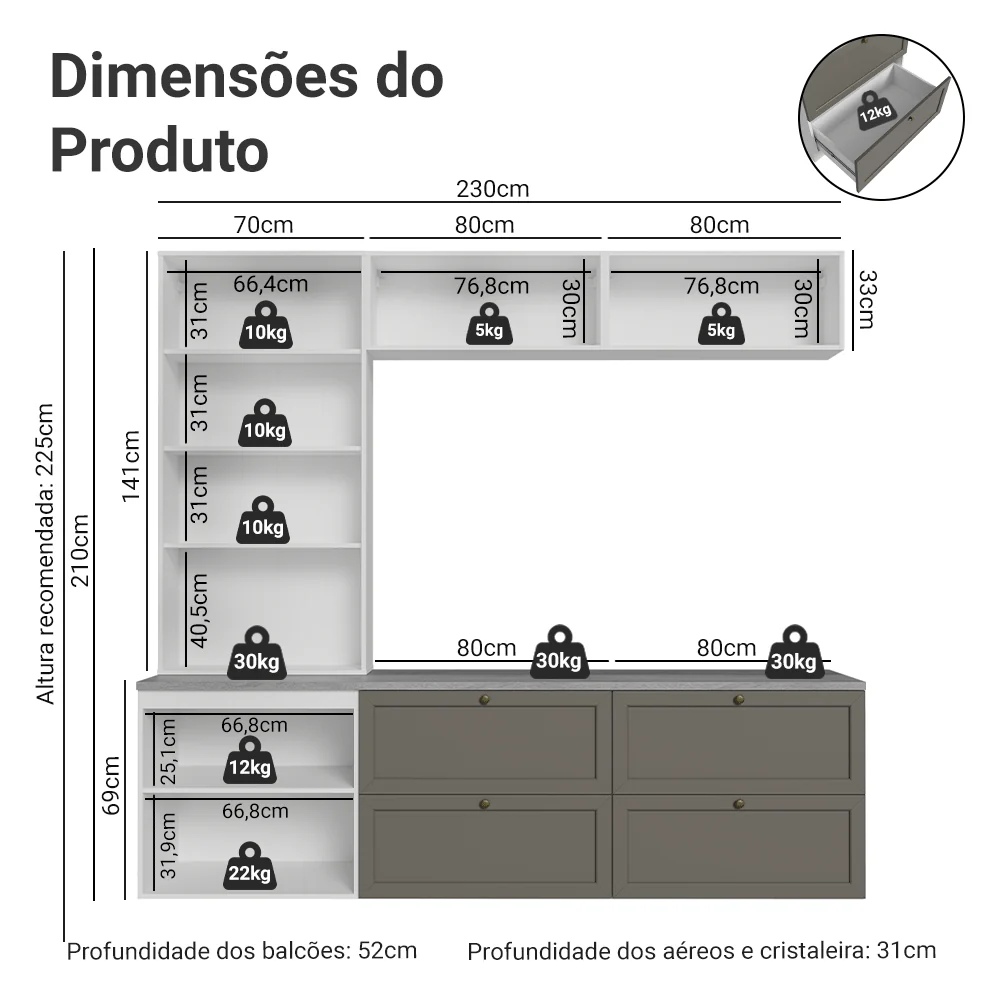 Estante Sala de Estar com Rack + Cristaleira 230cm Branco/Cinza Vik Madesa 01 - Image 3