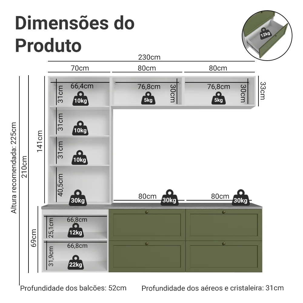 Estante Sala de Estar com Rack + Cristaleira 230cm Branco/Verde/Branco Vik Madesa 01 - Image 3