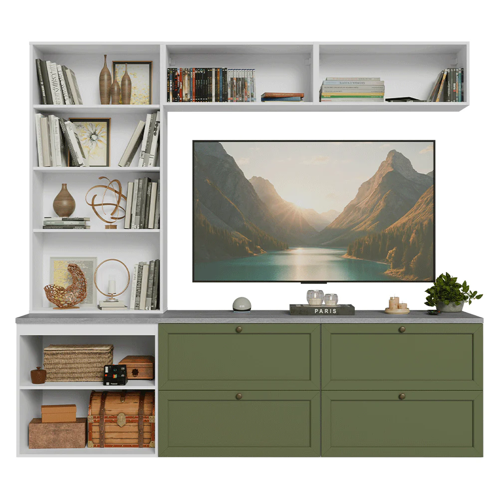 Estante Sala de Estar com Rack + Cristaleira 230cm Branco/Verde Vik Madesa 01 - Image 6