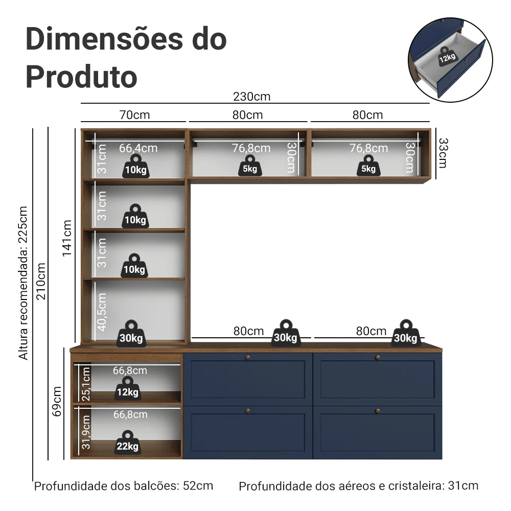 Estante Sala de Estar com Rack + Cristaleira 230cm Rustic/Azul Vik Madesa 01 - Image 3