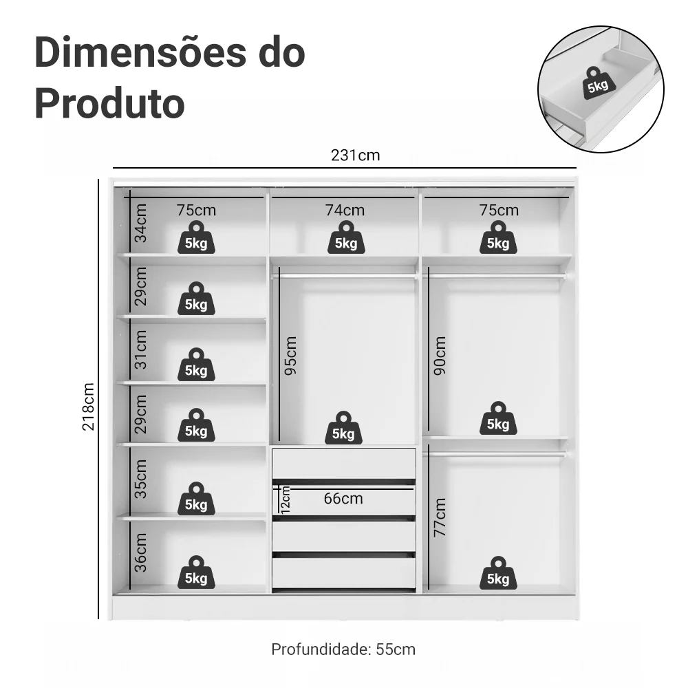 Guarda-Roupa Casal 100% MDF 3 Portas de Correr Branco Royale Madesa - Image 3