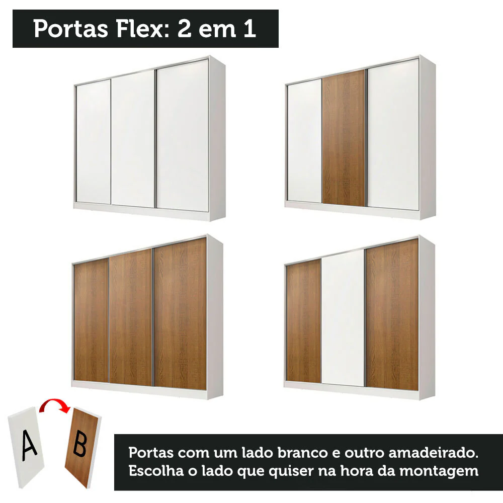 Guarda-Roupa Casal 100% MDF Madesa Royale 3 Portas de Correr Branco/Rustic/Branco - Image 10