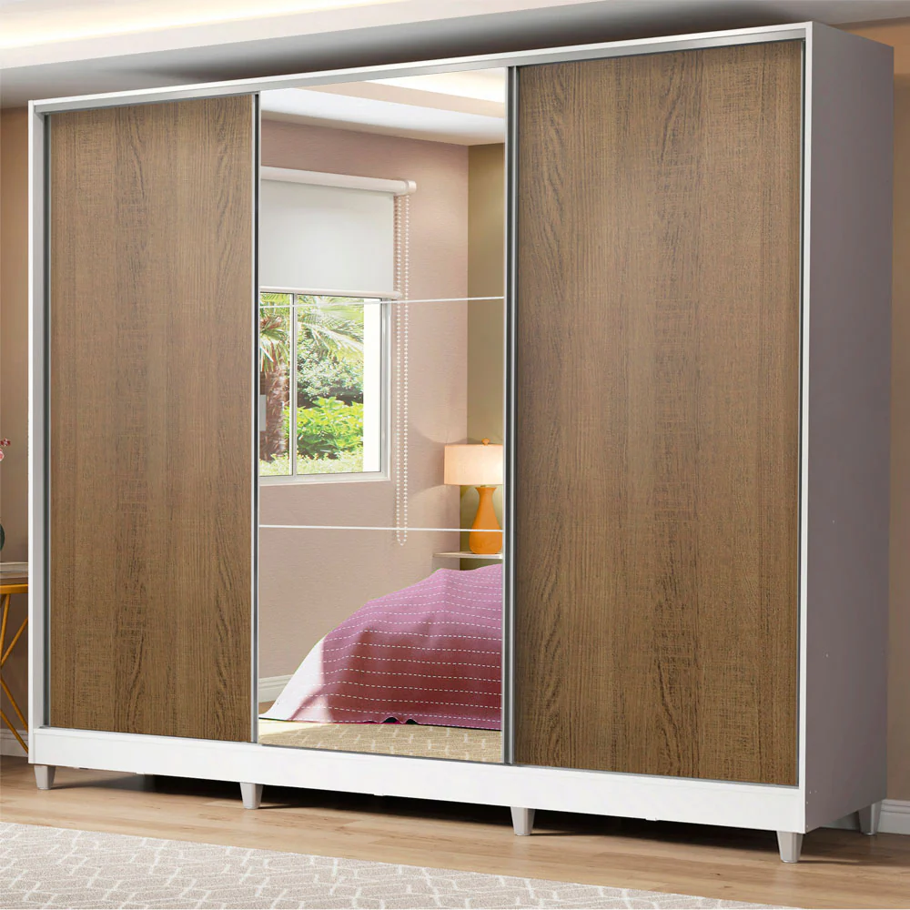 Guarda-Roupa Casal 100% MDF Madesa Royale 3 Portas de Correr com Espelho com Pés Branco/Rustic