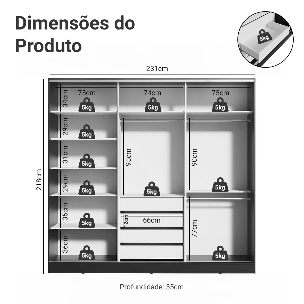 Guarda-Roupa Casal 100% MDF 3 Portas de Correr com Espelho Preto/Rustic Madesa Royale - Image 3