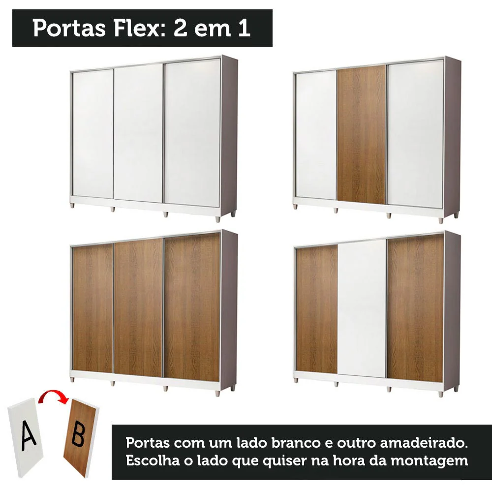 Guarda-Roupa Casal 100% MDF Madesa Royale 3 Portas de Correr com Pés Branco/Rustic/Branco - Image 10