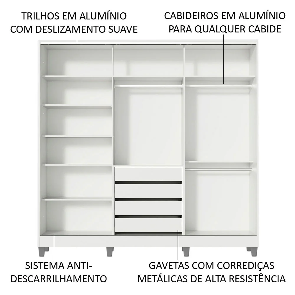 Guarda-Roupa Casal 100% MDF Madesa Royale 3 Portas de Correr com Pés Branco/Rustic/Branco - Image 5