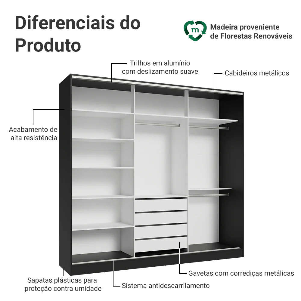 Guarda-Roupa Casal 100% MDF 3 Portas de Correr de Espelho Preto Madesa Royale - Image 4