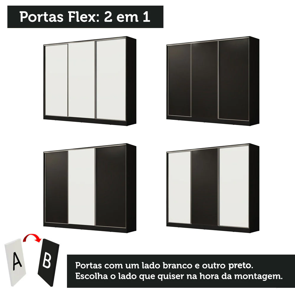 Guarda-Roupa Casal 100% MDF Madesa Royale 3 Portas de Correr Preto - Image 10