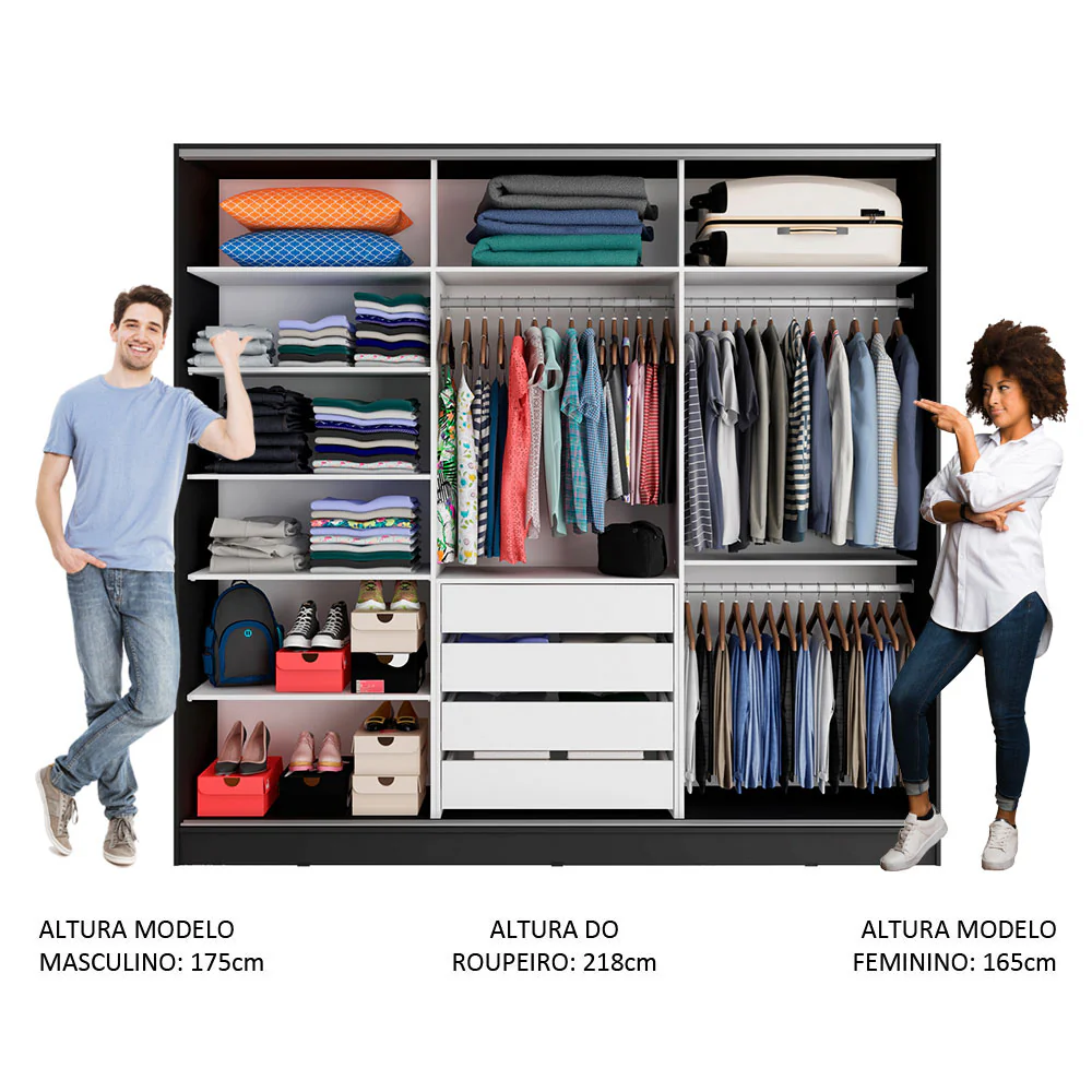 Guarda-Roupa Casal 100% MDF Madesa Royale 3 Portas de Correr Preto/Branco/Preto - Image 4