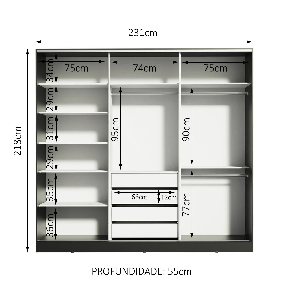 Guarda-Roupa Casal 100% MDF Madesa Royale 3 Portas de Correr Preto/Rustic - Image 10