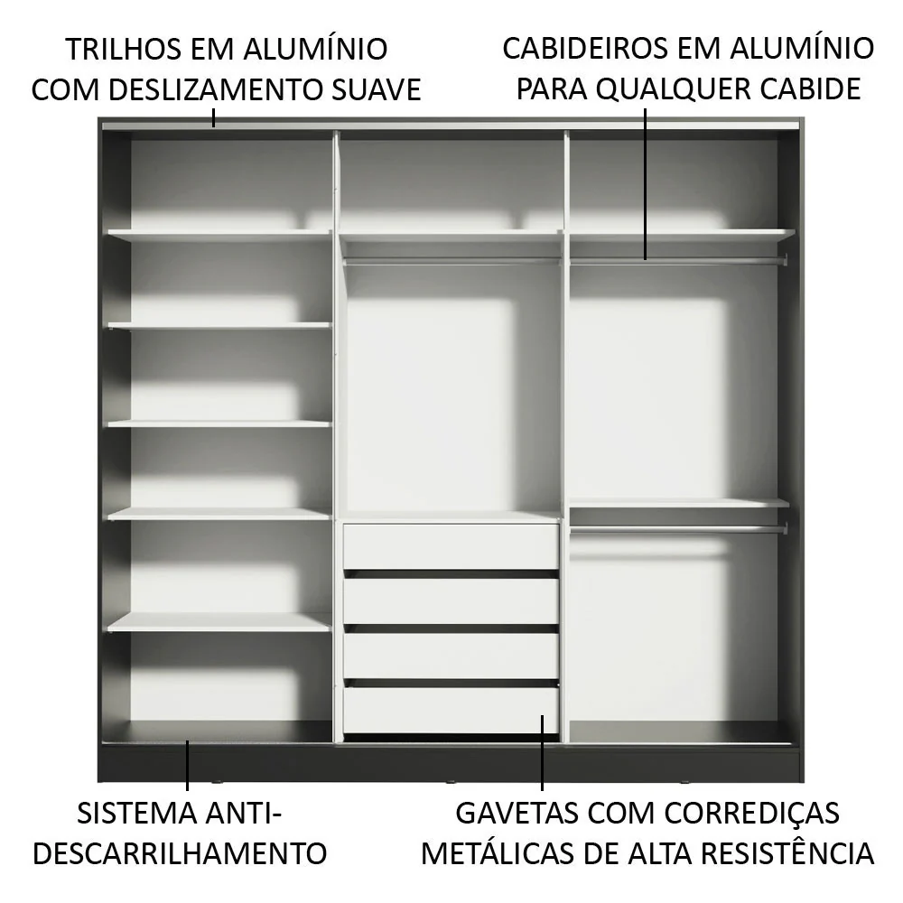 Guarda-Roupa Casal 100% MDF Madesa Royale 3 Portas de Correr Preto/Rustic - Image 5
